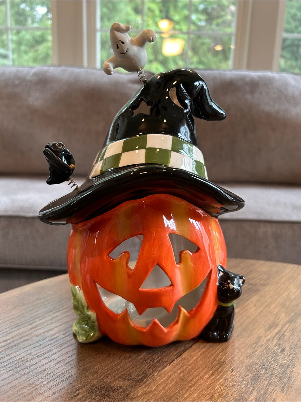 Vintage Orange Jack-O'-Lantern with Black Witch Hat and Ghost